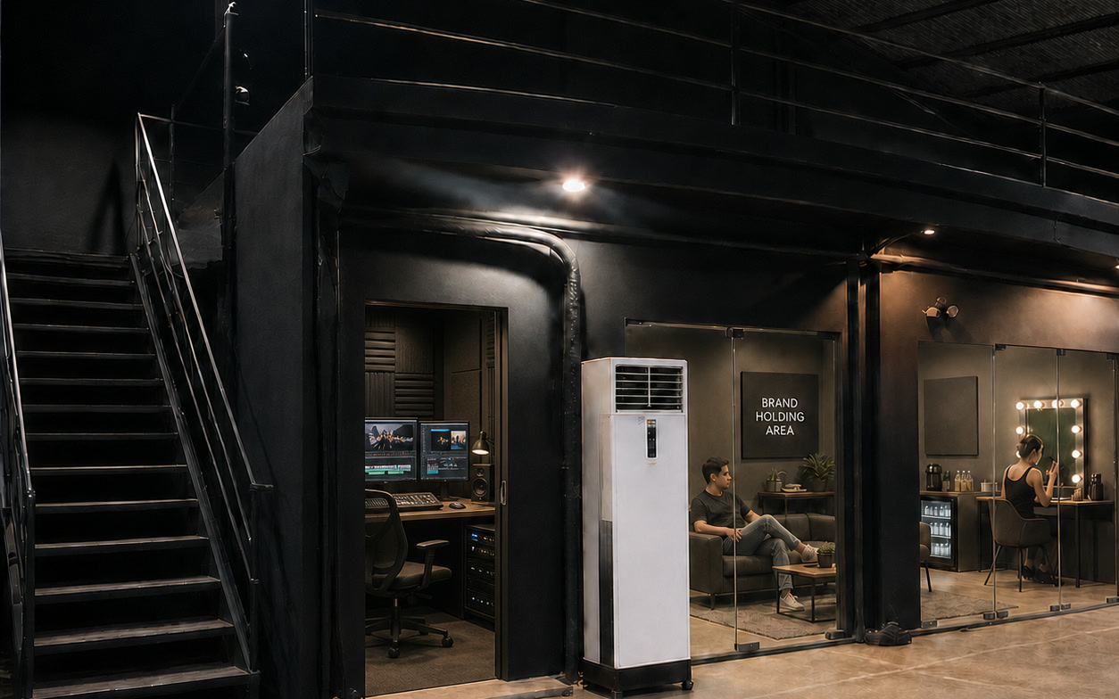 Concept visualization of Studio W9's brand holding area beneath the mezzanine with an adjacent compact edit-suite layout
