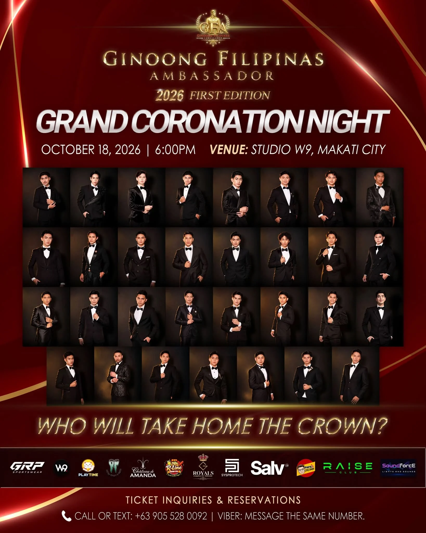Ginoong Filipinas Ambassador 2026 Grand Coronation Night poster with candidates in black formalwear, sponsor logos, October 18 at 6:00 PM at Studio W9, and organizer ticket inquiries
