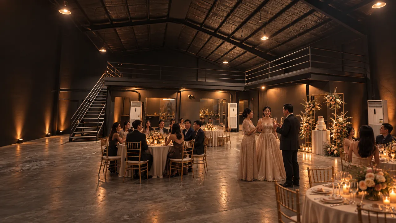 Concept visualization: round-table dining and temporary floral styling in the W9 hall.