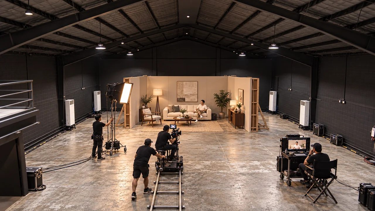 Concept visualization: Commercial film concept with a freestanding living-room set, camera dolly and crew beneath the W9 roof.