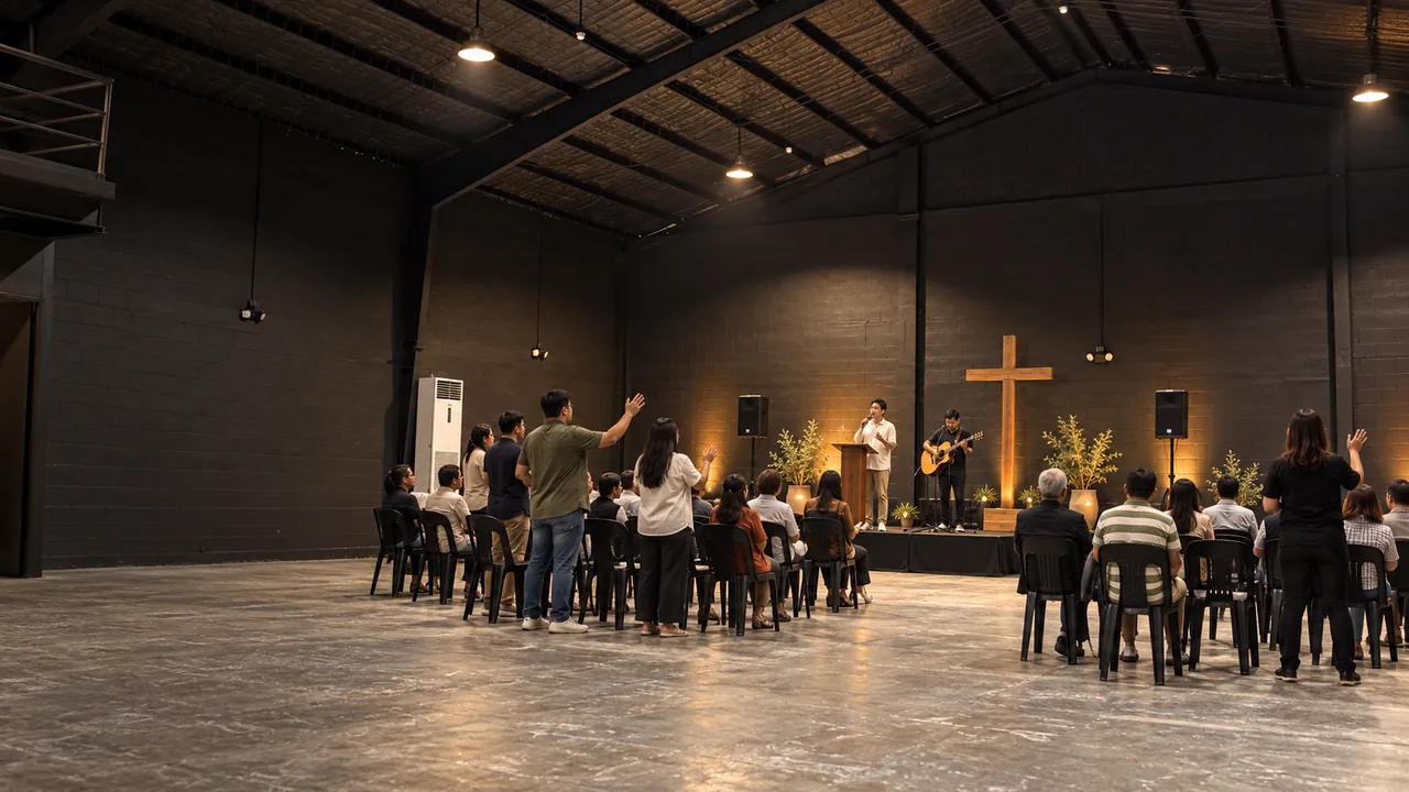 Concept visualization: a worship gathering with chairs, a lectern and a freestanding cross in the W9 hall.