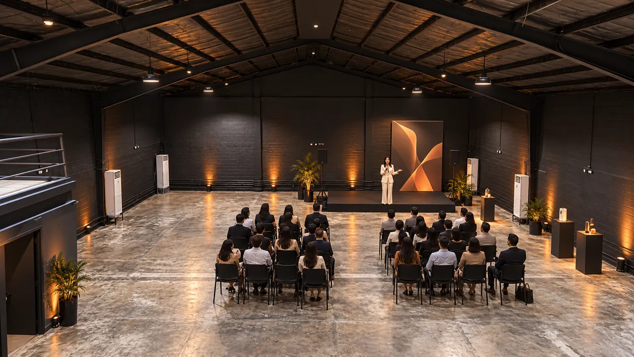 Concept visualization: a presentation stage and seated guests beneath the existing W9 warehouse roof.