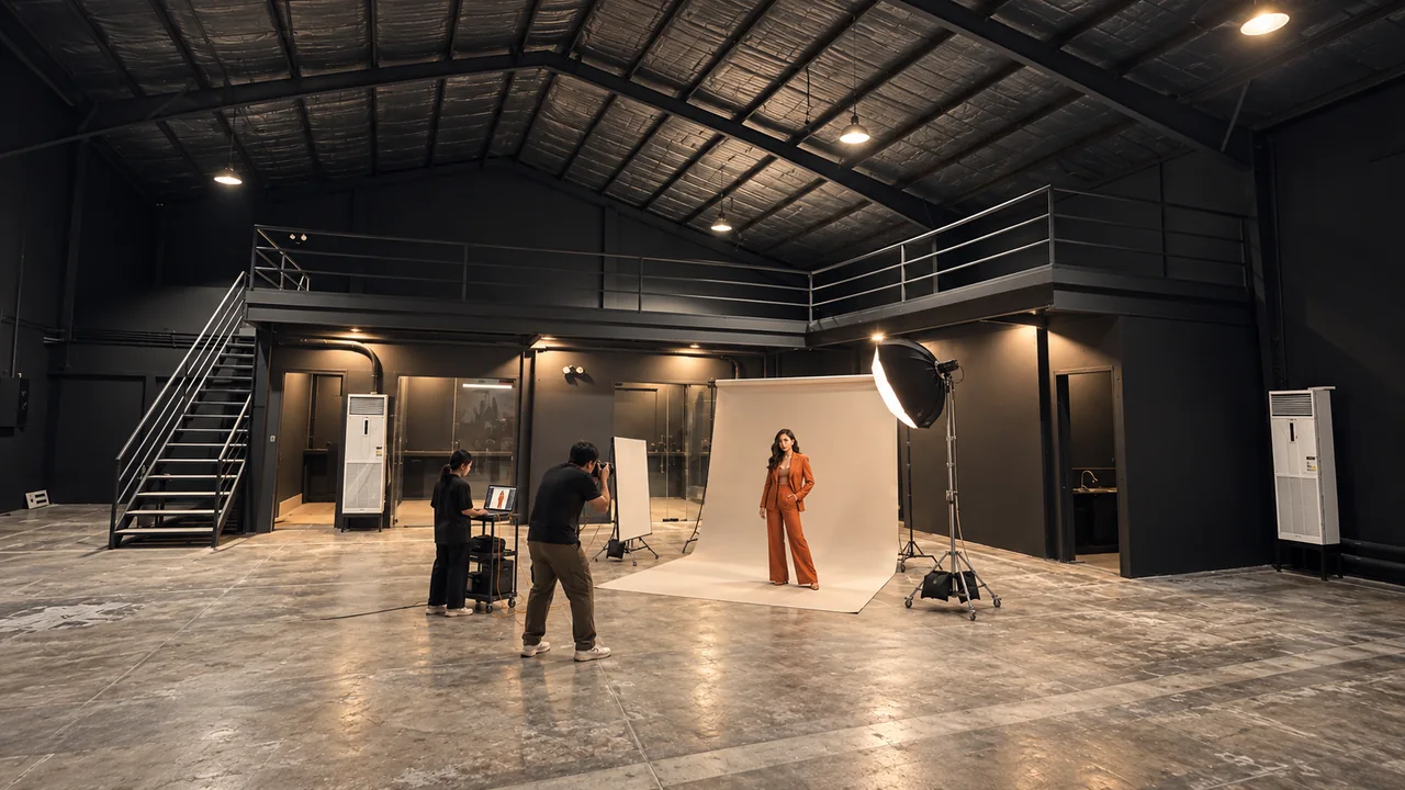 Concept visualization: Editorial photography concept with a model, photographer, portable paper sweep and freestanding softbox on the W9 floor.