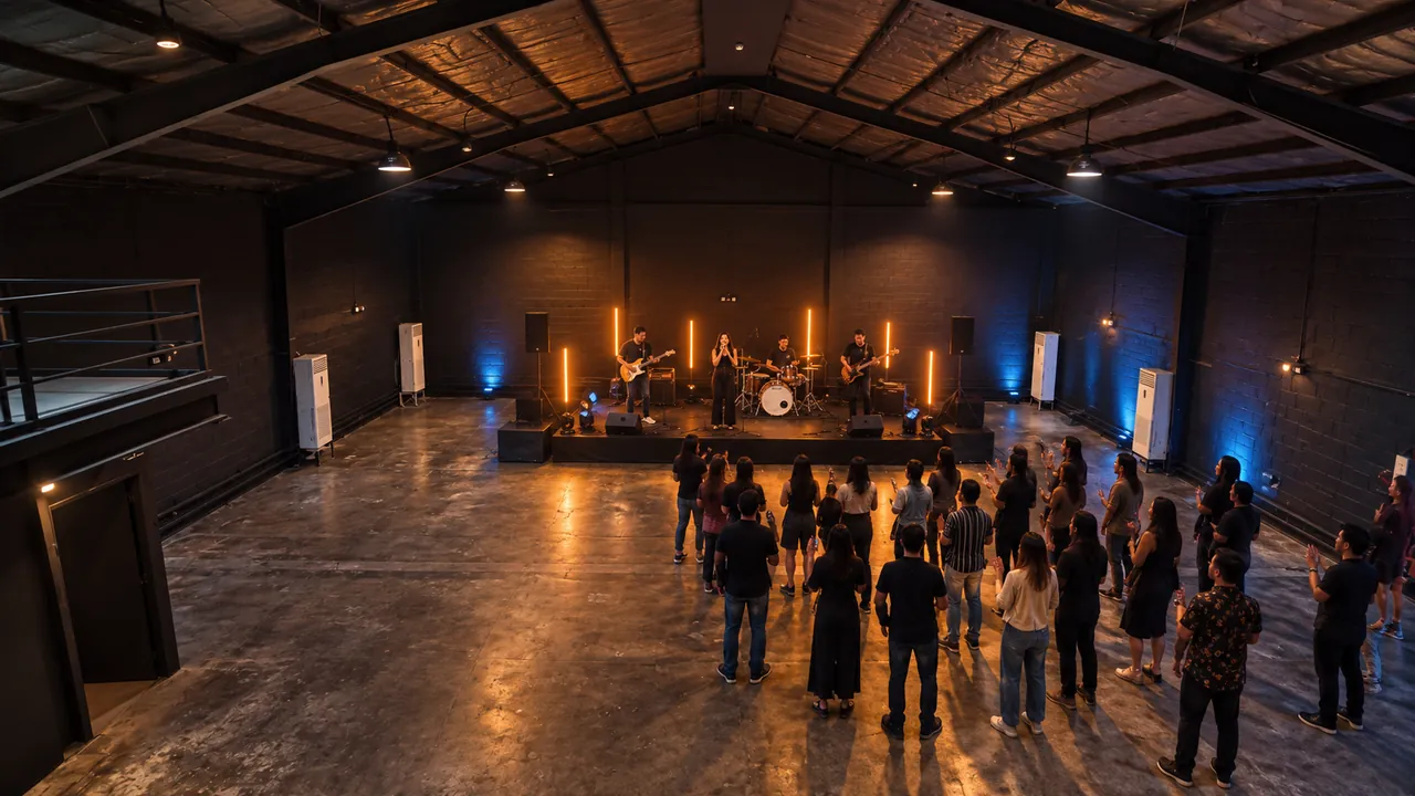 Concept visualization: a live band on a temporary stage with floor lighting and an audience in the W9 hall.