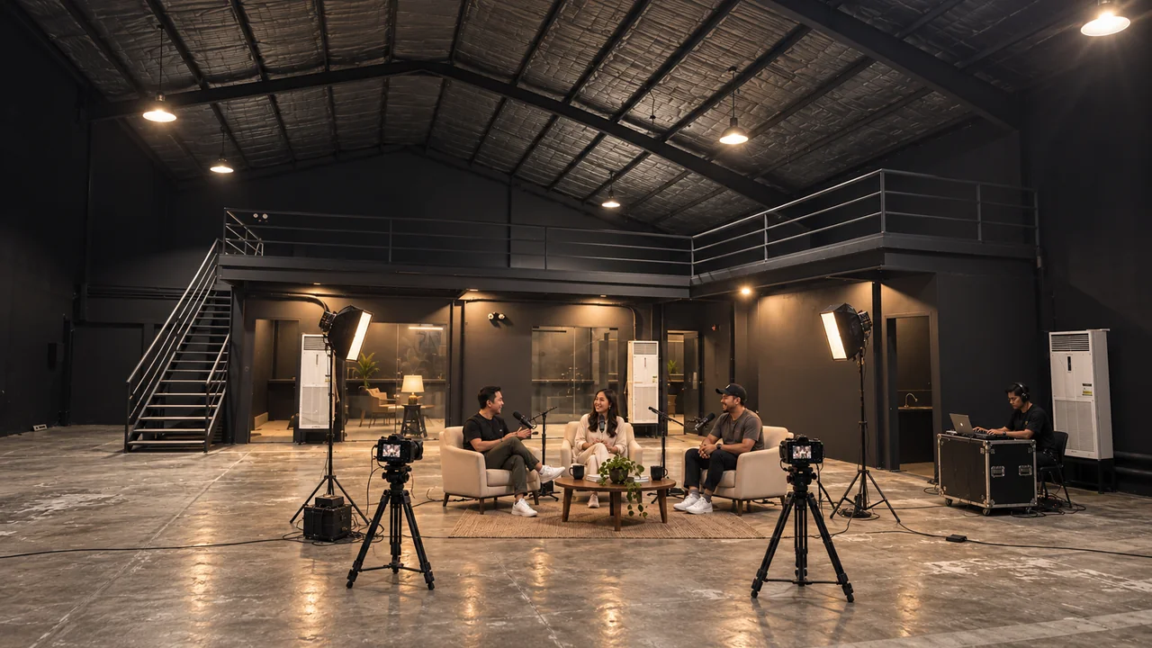 Concept visualization: Ground-floor podcast set with three hosts, microphones and cameras in front of W9’s actual staircase and glazed support rooms.