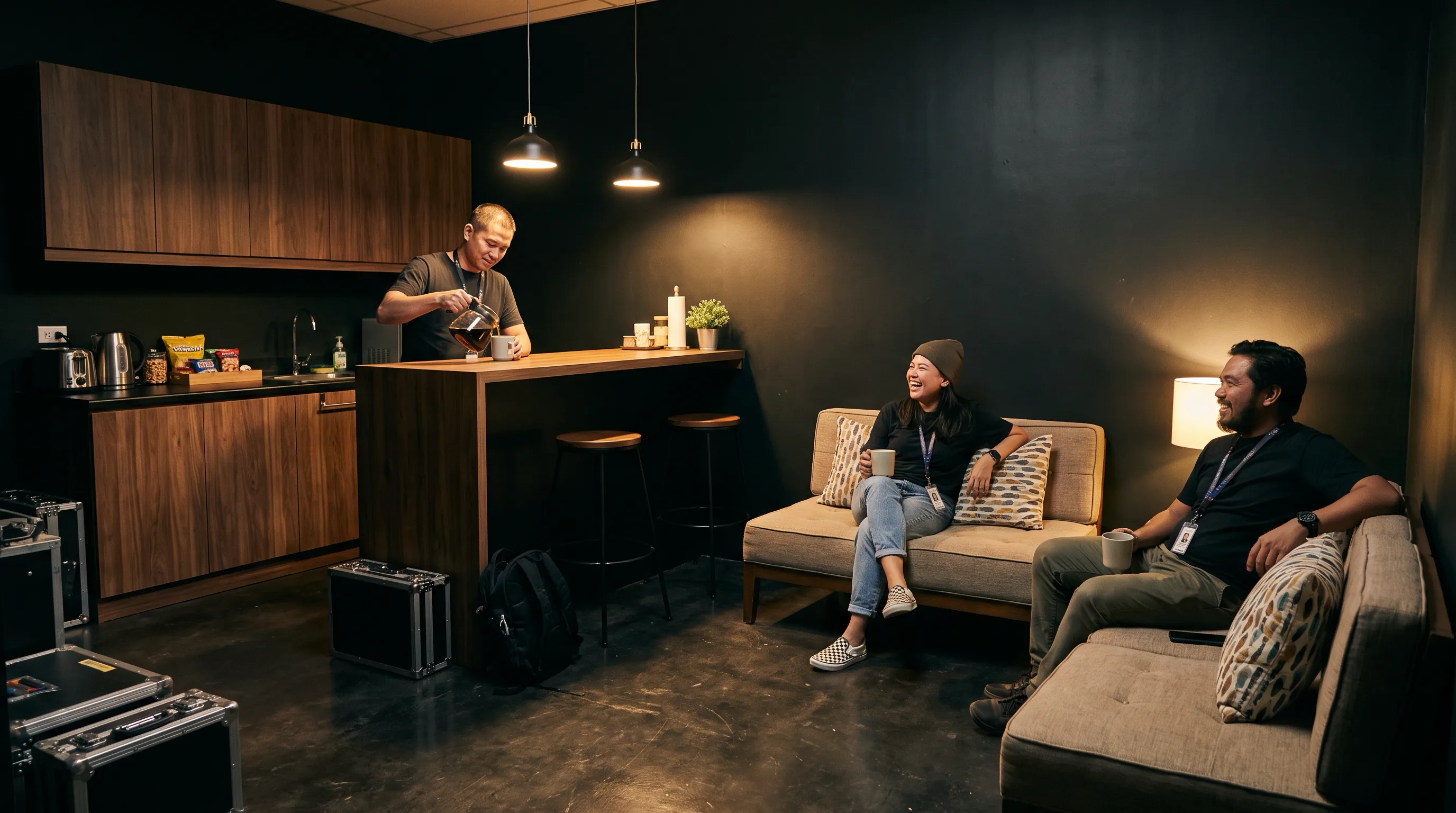 Photograph of the Studio W9 crew lounge with coffee bar, walnut-panel kitchen, and crew relaxing on a break