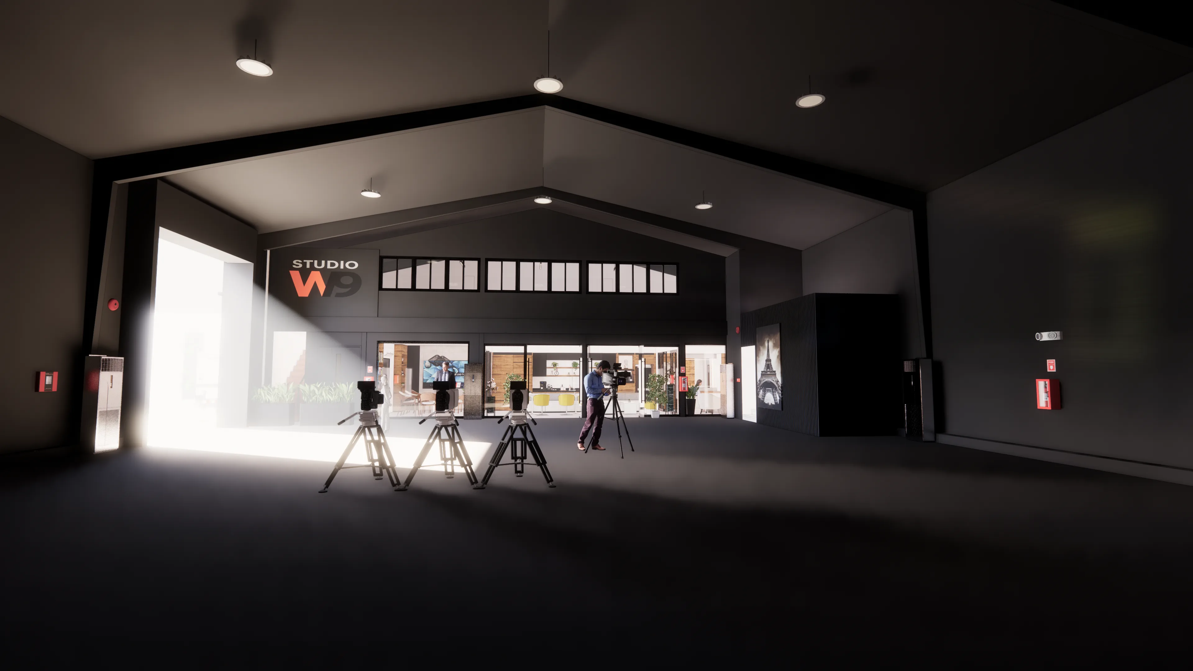 Architectural visualisation of the Studio W9 shooting floor with camera tripods and the lounge beyond