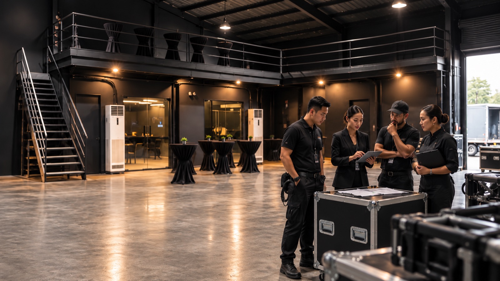 Studio W9 black-box studio in Makati during a supplier walkthrough: a team reviewing production flight cases near the mezzanine, steel staircase, and ground-level roll-up access. Suppliers bring their own crew and equipment.
