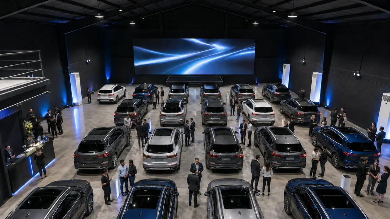 Scale-based concept of Studio W9 configured as an automotive show with multiple mid-sized SUVs, presentation lighting and controlled guest circulation