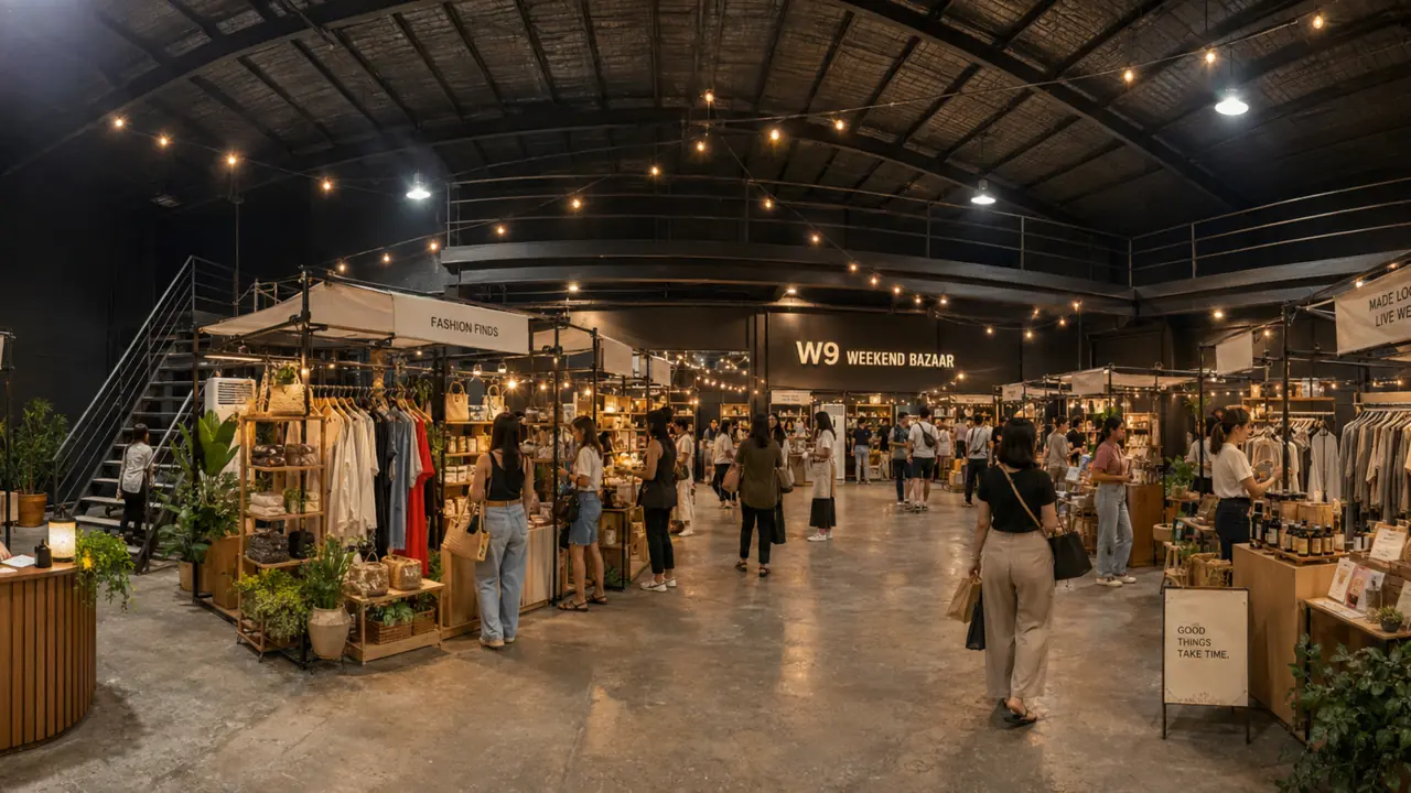 Studio W9 configured as a weekend bazaar with modular retail booths, open guest circulation and the mezzanine visible