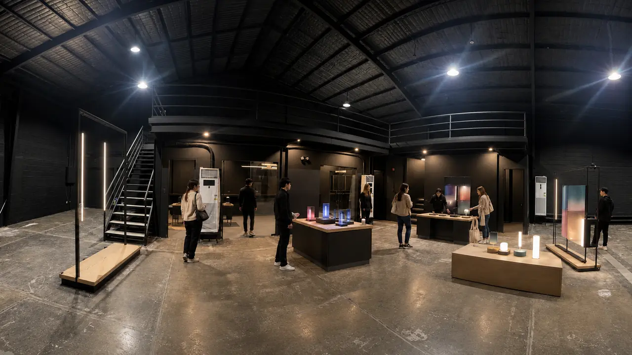 Studio W9's black shell configured for an anonymous brand activation with temporary installations and demonstration zones