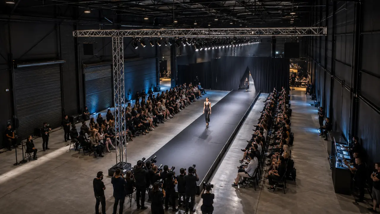 Scale-based concept of Studio W9 configured with a removable runway, temporary show lighting, audience banks and backstage routing