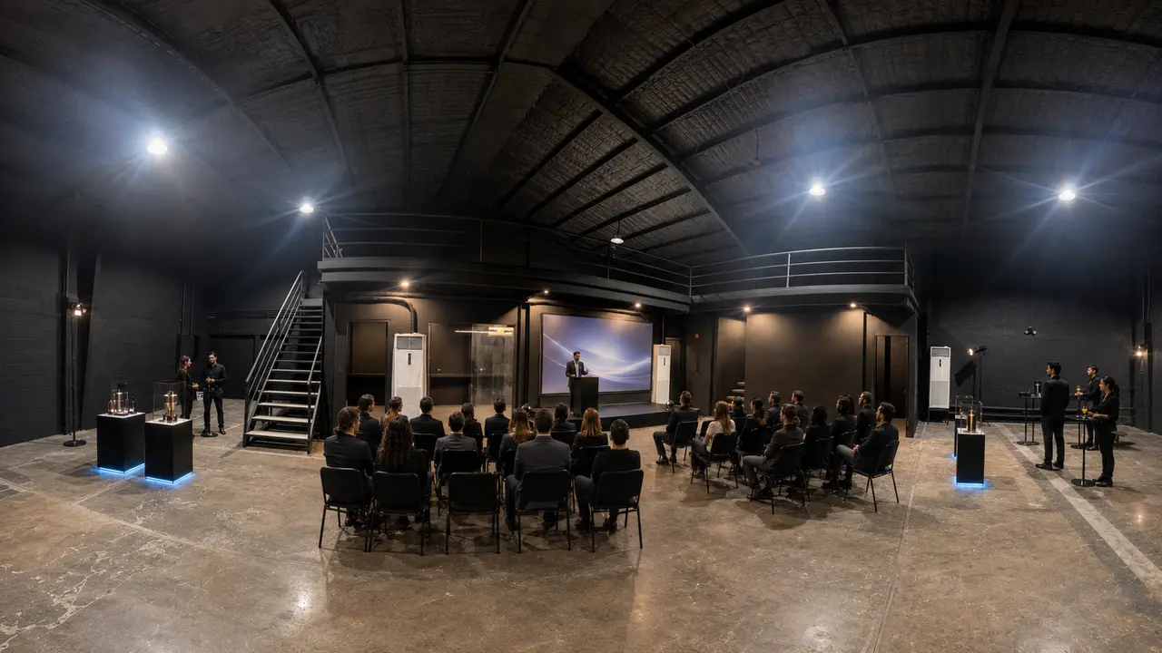 Scale-based concept of Studio W9 configured with temporary presentation staging, display plinths, seating and event lighting