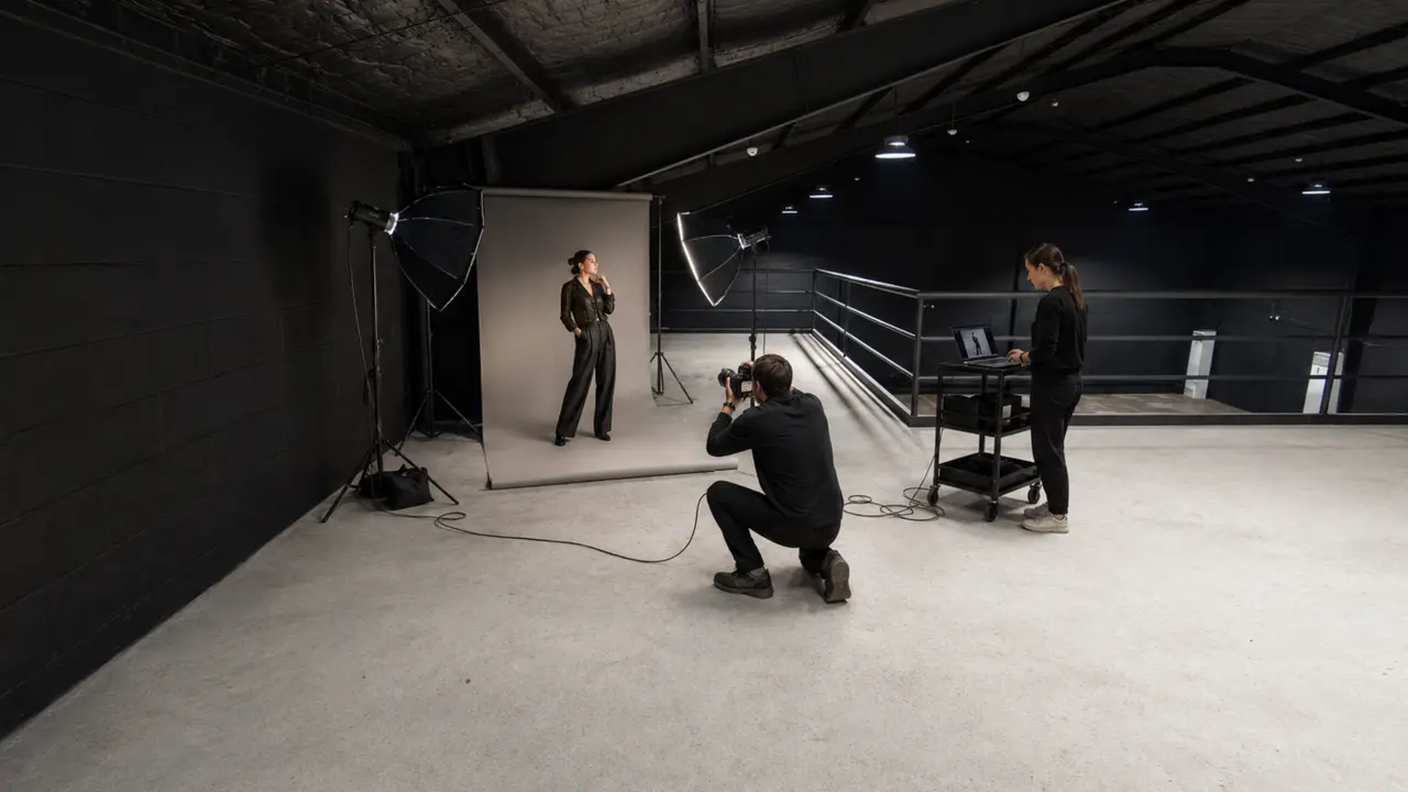 Scale-based concept of a photography and editorial shoot on Studio W9's mezzanine with a backdrop, model, photographer, portable lighting and tether station