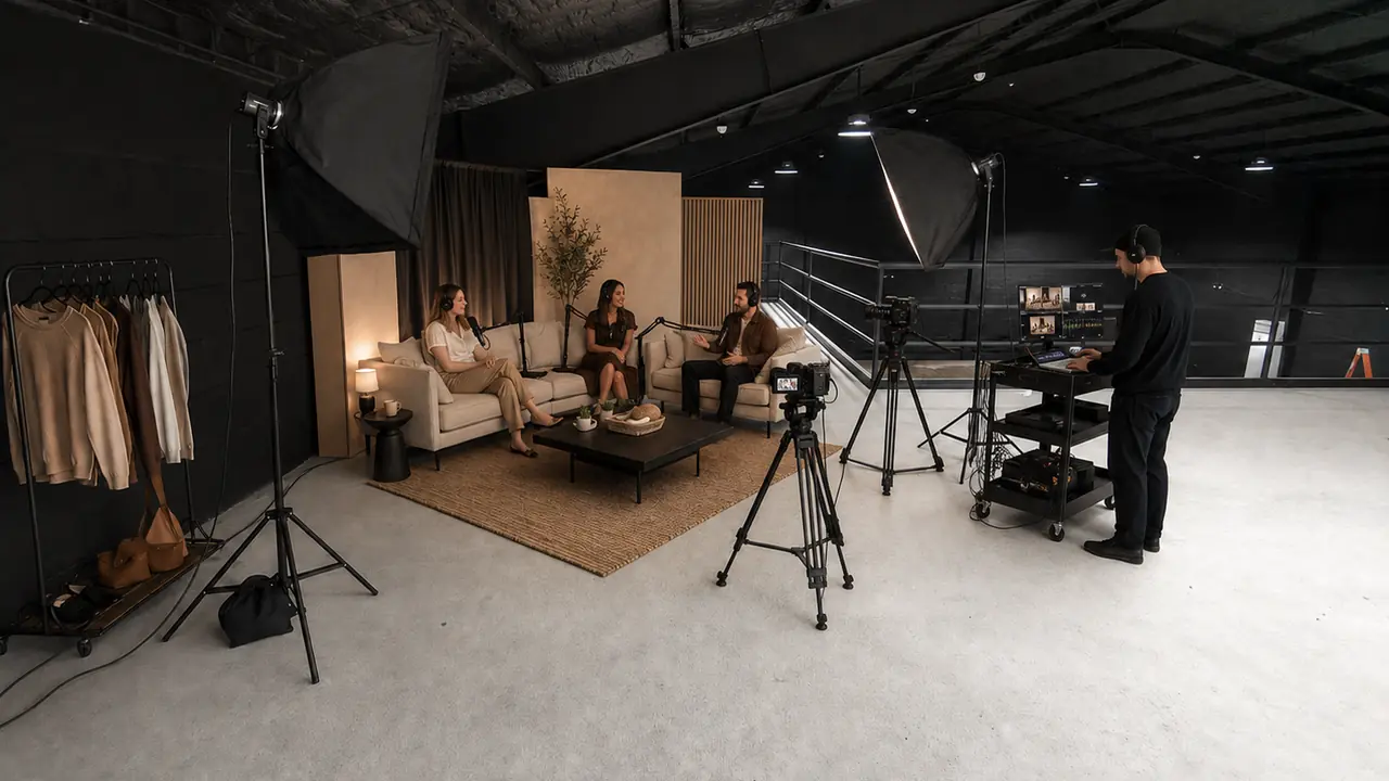 Scale-based concept of a three-host podcast recorded on Studio W9's mezzanine with lounge seating, microphones, cameras, acoustic panels and controlled lighting