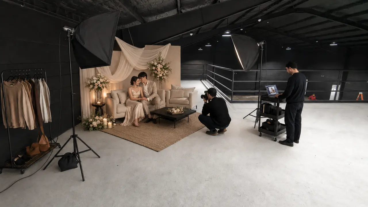Scale-based concept of a pre-nup couple portrait session on Studio W9's mezzanine with soft draping, florals, lounge furniture and portable lighting