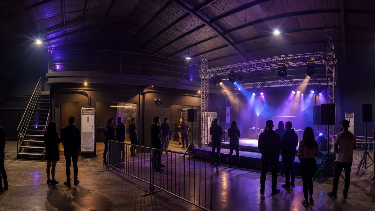 Studio W9's black shell configured for a live event with temporary stage, sound and lighting production