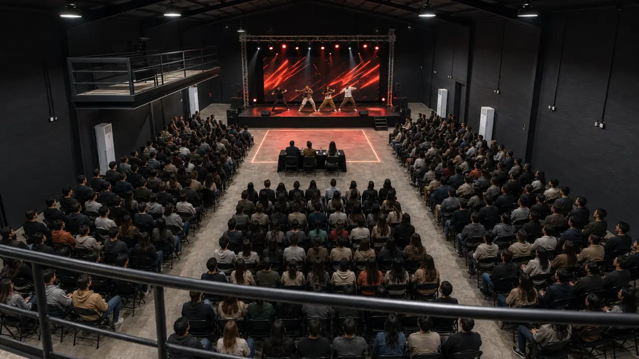 Mezzanine view of Studio W9 configured for a talent show or dance competition with judges, audience seating and temporary staging