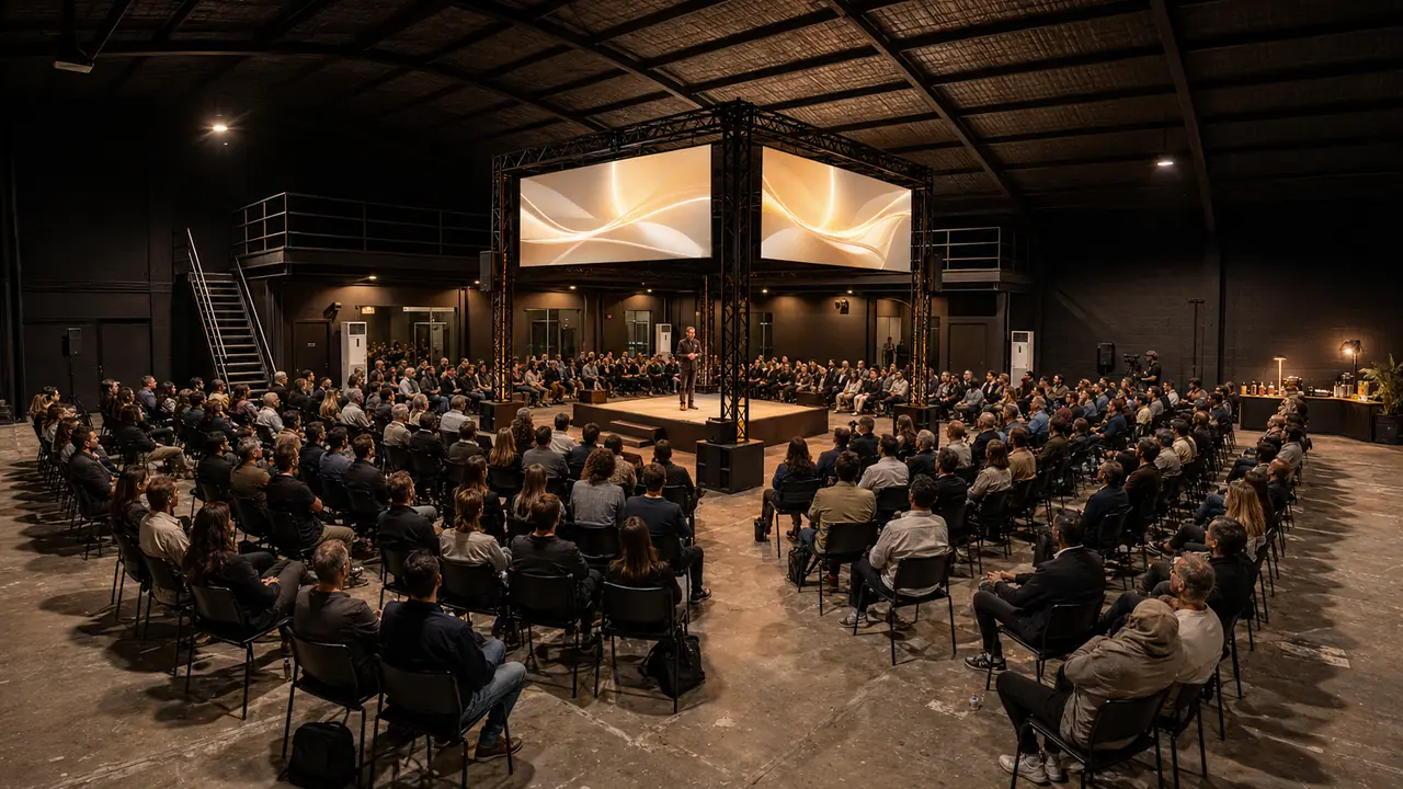 Studio W9's black shell configured for a town hall with seating, a low stage and temporary LED screens