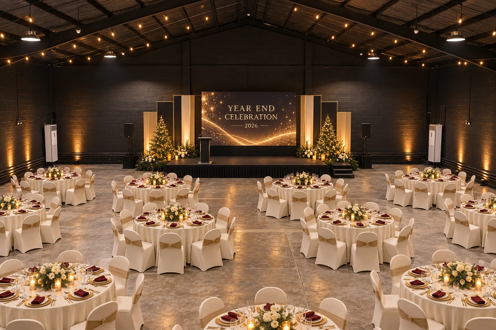 Concept render of Studio W9's main floor staged for a year-end celebration — round banquet tables with cream covers, gold sashes and candlelight, a low stage with a 'Year End Celebration 2026' LED backdrop, lit Christmas trees and string lights beneath the black warehouse roof. A scale-based concept; décor, furniture and production are client- or supplier-supplied unless an approved quotation states otherwise.